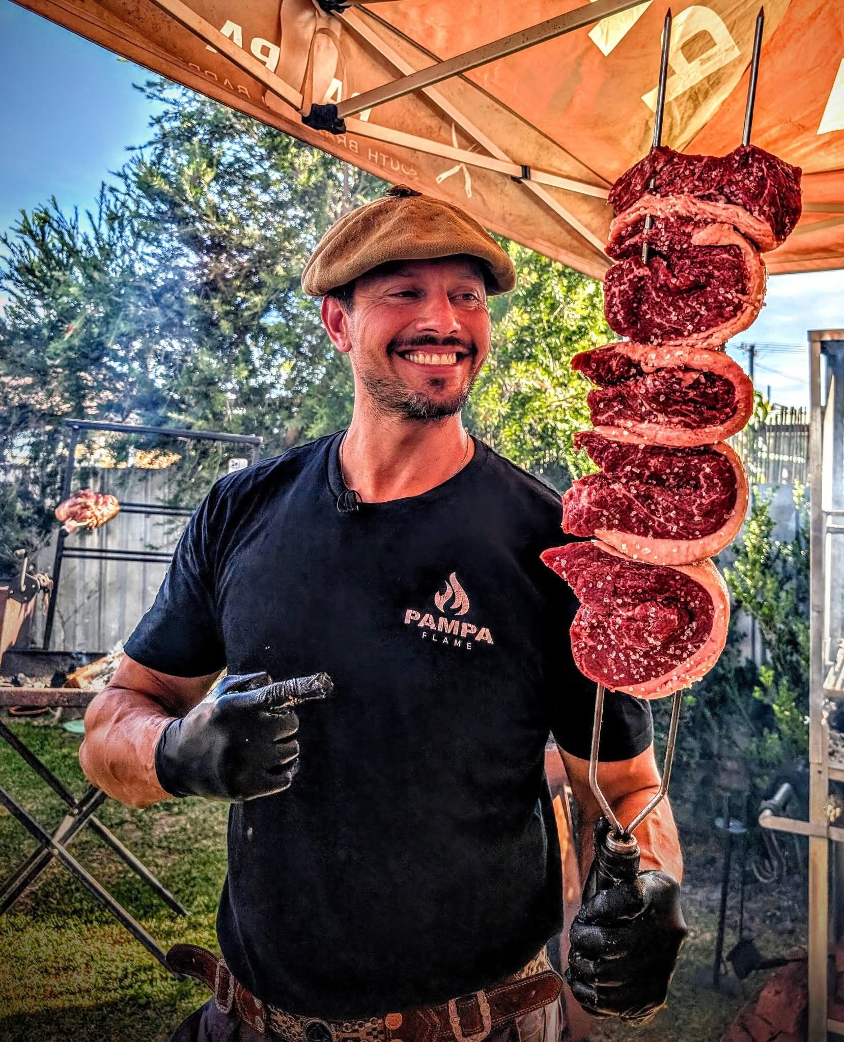 Givago with picanha skewers and whole animal roasting gaucho style